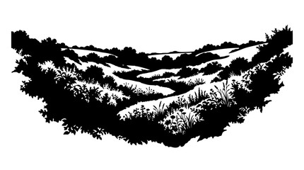Obraz premium Black and White Landscape Silhouette of Rolling Hills and Wildflowers