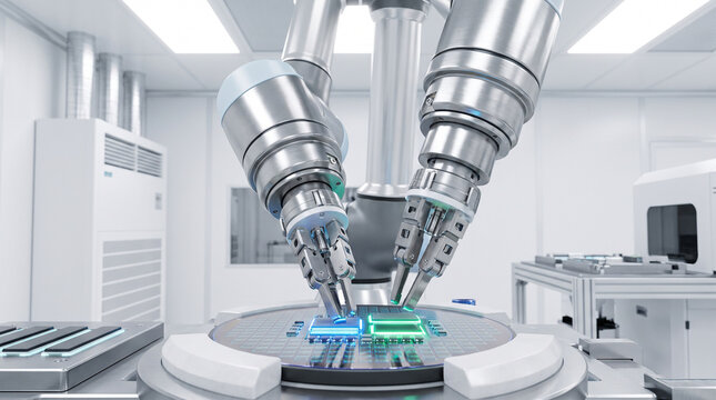 High-tech collaborative robot assembling microchips in a sterile manufacturing plant. Its precise metallic arms manipulate tiny glowing components under bright white light
