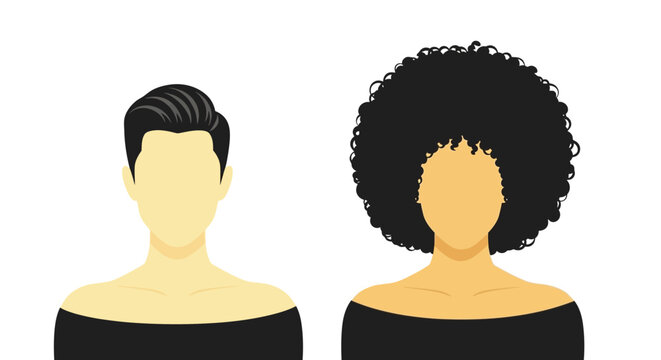Two faceless portraits depict diverse hairstyles showcasing a short and curly afro alongside a slicked back style