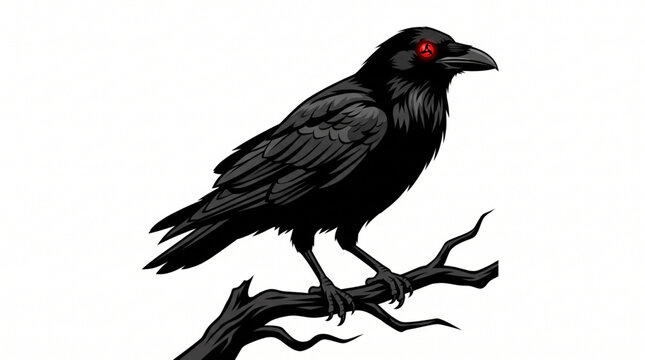 Black Raven Bird Sitting on a Bare Branch Vector Illustration