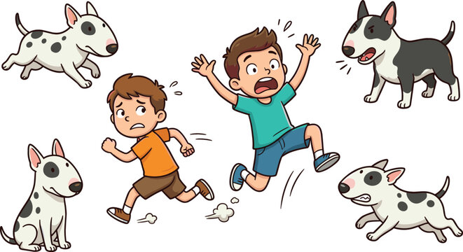 Scared Cartoon Boys Running Away From Barking Bull Terrier Dogs Vector Illustration Set for Kids Safety and Pet Behavior Graphic Designs