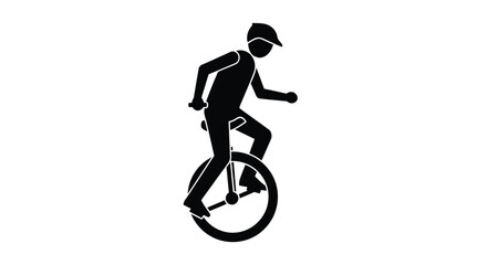 A minimalist black silhouette depicts a person skillfully riding a unicycle on a white background © grvect02