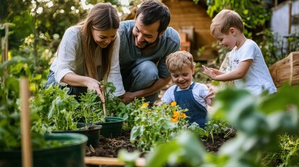 Fototapeta premium Parents teach their two young sons how to plant organic vegetables in the backyard home garden.