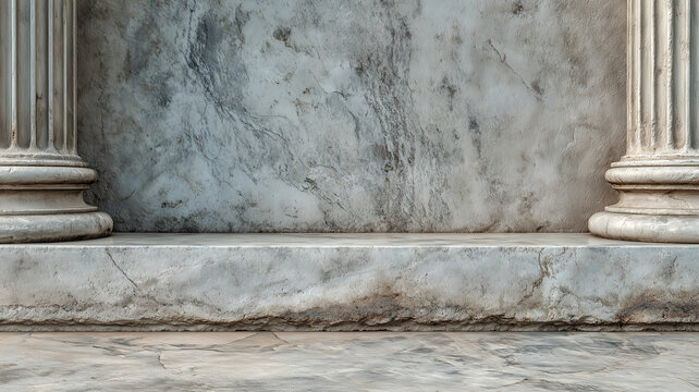 Ancient marble temple scene with classical stone column pillars and textured wall.