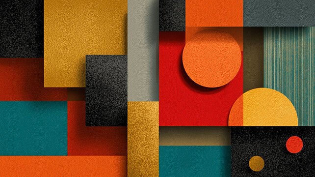 Abstract geometric collage background with textured colorful shapes and drop shadows.