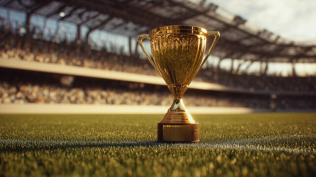 Golden winner trophy cup on green grass field inside a crowded sports stadium.