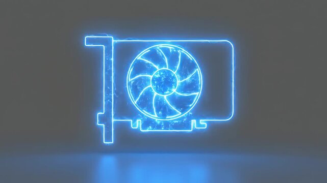 Neon blue holographic computer graphics card icon