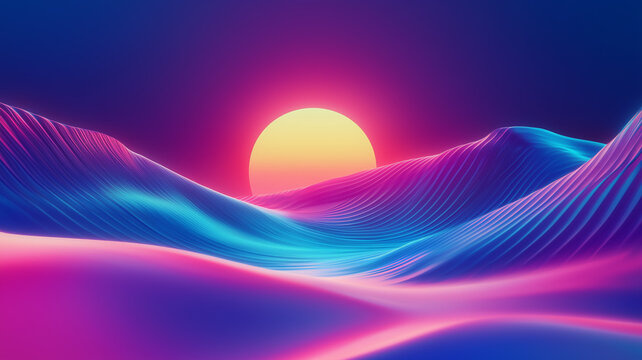 Futuristic retro landscape with wavy neon sand dunes and a glowing synthwave sun.