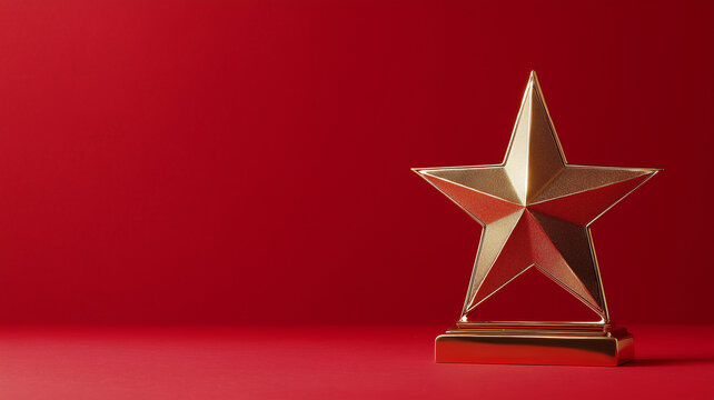 Golden star award trophy trophy isolated on solid red background with copy space.