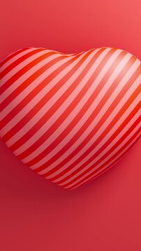 Red striped heart pulsating on a red background, Valentine s Day 3D loop animation. Vertical video.
