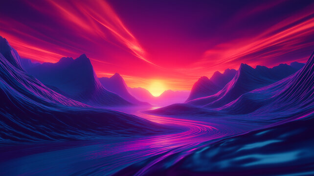 Futuristic synthwave landscape with a winding river leading to a glowing neon sunset.