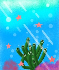 Cartoon Ocean Underwater Background with Coral © ina