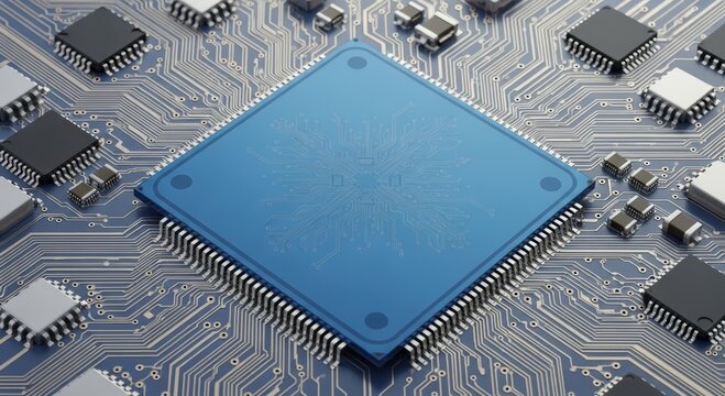 Blue computer processor chip on motherboard circuit board. Electronic hardware component for server and data processing. Modern semiconductor technology, microchip architecture design.