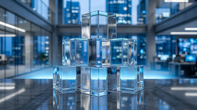 Glass cubes stacked in a modern office building with blue illumination representing data and technology