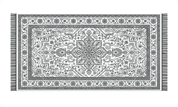 Detailed black and white ornamental rug with intricate floral patterns and symmetrical geometric borders on white background