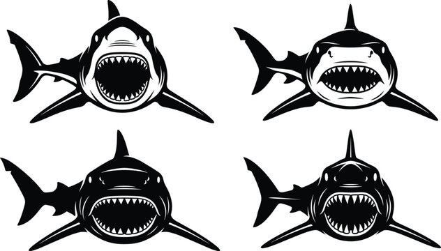 Aggressive Great White Shark Head Set Vector Illustration Monochrome Marine Predator Mascot Logo Design