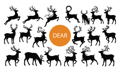 Fototapeta premium Set of black deer silhouettes featuring various poses like jumping, standing, and grazing, with an orange circle and text in the center area