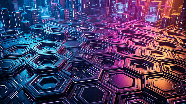 Hexagonal futuristic city grid with neon glow during twilight