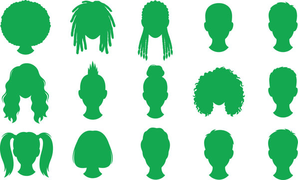 Collection of diverse green hair silhouettes with various styles isolated on transparent background