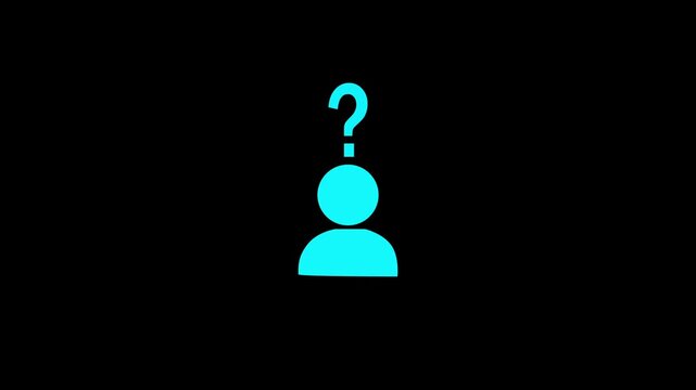 Minimalist animated question mark with human silhouette, concept of confusion, uncertainty, and problem solving, isolated on black background 4K video.