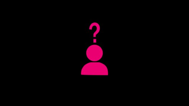 Minimalist animated question mark with human silhouette, concept of confusion, uncertainty, and problem solving, isolated on black background 4K video.