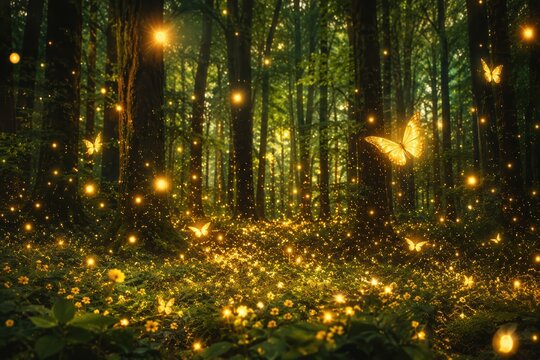 Enchanted Forest Realm: A mystical forest scene comes alive with enchanting fairy lights and luminous butterflies, creating a magical and otherworldly ambiance deep within the woods.