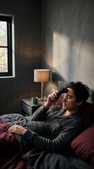 Fototapeta premium Man Relaxing In Bed Using Personal Grooming Device