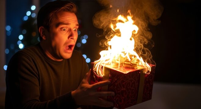 Man holding a burning Christmas gift box with an expression of shock. Surprised male celebrating winter holidays with a flaming present. Concept of unexpected danger or disastrous surprise.