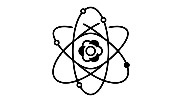 Atom Model Icon: A stylized black and white icon representing an atom, with electrons orbiting the nucleus. This symbol is often associated with science, technology, and nuclear energy.