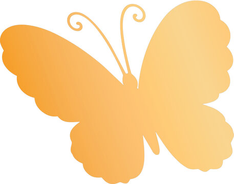 A stylized golden gradient butterfly silhouette with scalloped wings and curled antennae is displayed agains
