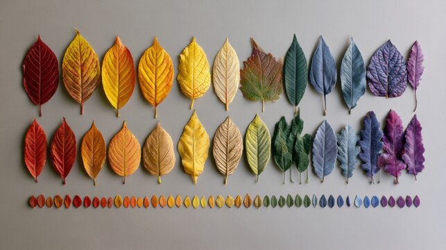 Autumn leaves arranged in a grid based on color and size on a gray surface, showing the beauty of fall in an organized manner.