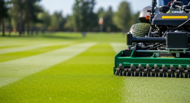 Professional lawn mower cutting green grass on golf course. Maintenance equipment trimming turf. Landscaping service and ground keeping concept. Work in outdoor park during summer day.