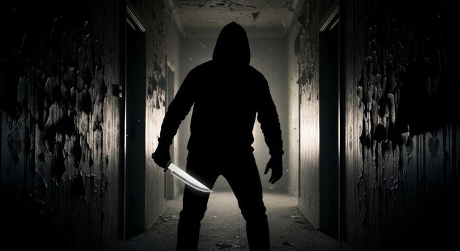 Silhouette of man in hoodie holding knife in dark abandoned corridor. Scary intruder standing in hallway. Thriller and crime movie concept. Horror scene for mystery film production.
