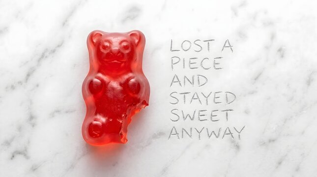 A bitten red gummy bear on marble representing emotional resilience, symbolizing remaining sweet and whole in spirit despite personal loss or hardship.