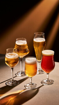 Beer tasting flight with four craft beer styles served in elegant glasses on a rustic wooden table