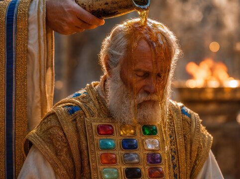  Biblical scene of Moses anointing High Priest Aaron with holy oil, Old Testament consecration ceremony. Close-up portrait of an elder man with a white beard wearing a jeweled breastplate, golden oil