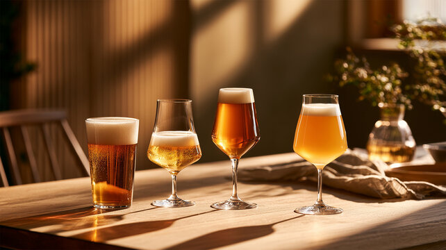 Beer tasting flight with four craft beer styles served in elegant glasses on a rustic wooden table
