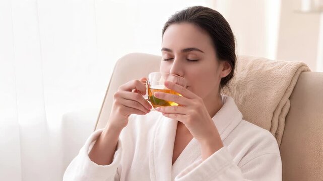 Smiling young woman in white bathrobe drinking herbal tea. Relaxing morning at home or spa. Static medium shot.