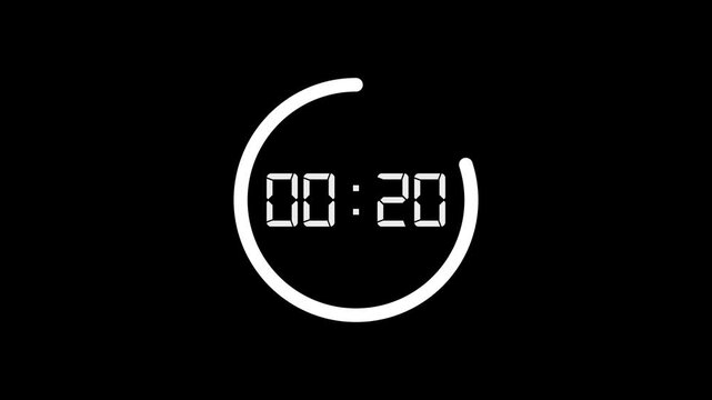 Digital countdown timer video from twenty five to zero with white circular progress bar on black backdrop.