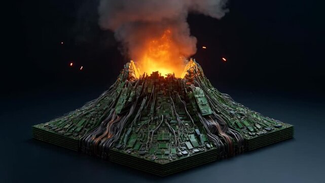 Cinematic 3D Animation of an Active Volcano Erupting with Glowing Lava and Smoke.