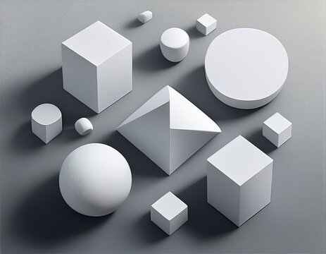 grid of 3d white geometric shapes including cubes cylinders and irregular polygons on light gray background for minimalist design and user experience projects