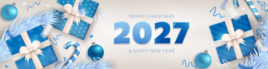 Obraz premium 2027 Happy New Year and Merry Christmas wide greeting header with 3d gift boxes with bows, candy canes, realistic silver confetti and fir branches. White blue panoramic banner for winter holidays