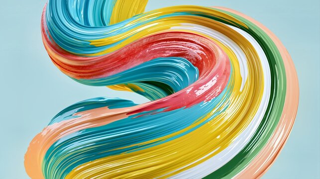 Abstract flowing paint ribbon with soft multicolor brush strokes on pale blue background for branding and wall art design.

