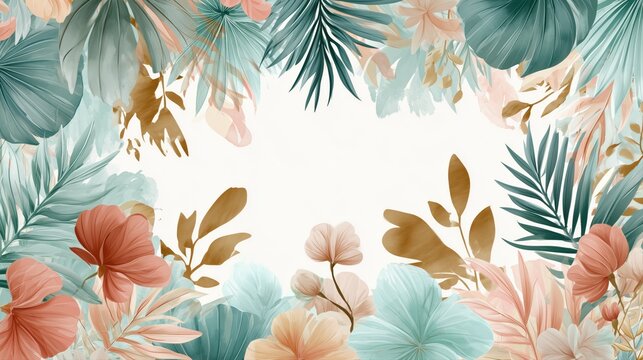 Pastel botanical floral frame illustration with tropical leaves soft flowers and bright copy space for wedding branding design.

