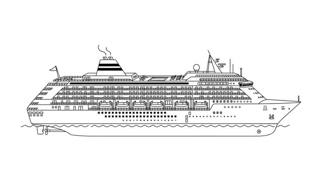 Luxury Liner Silhouette: A detailed line drawing showcases a grand cruise ship sailing on the open water, ready for a journey of discovery and relaxation.