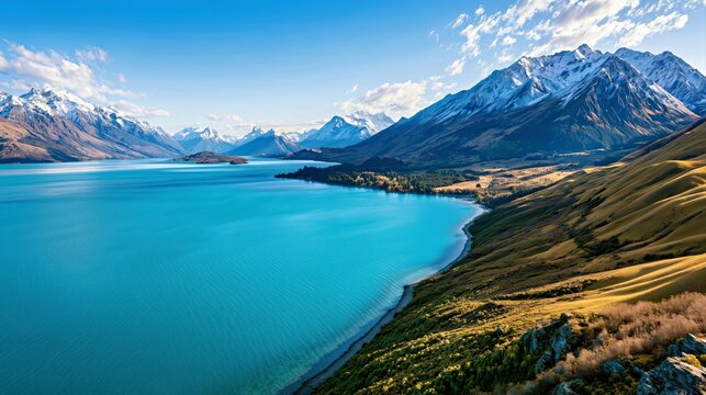Aerial turquoise mountain lake landscape with sweeping shoreline snow peaks and bright wilderness scenery for travel and adventure branding.


