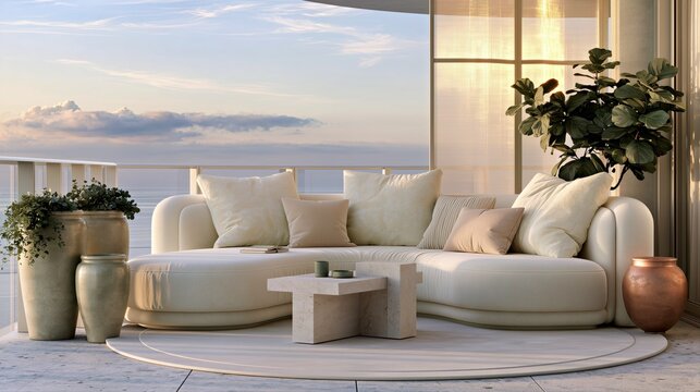 Luxury white outdoor lounge with sea view soft sunrise light modern curved sofa and serene coastal terrace styling for premium branding.

