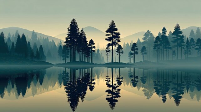 Foggy pine forest lake landscape with mirrored tree reflections muted mountains and calm dawn atmosphere for wall art and banner design.

