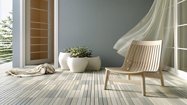 Minimal sunlit lounge corner with wooden chair white flooring airy draped fabric and calm neutral interior styling for wellness branding.

