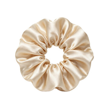 Elegant golden beige satin hair scrunchie accessory for beauty and fashion styling as transparent object